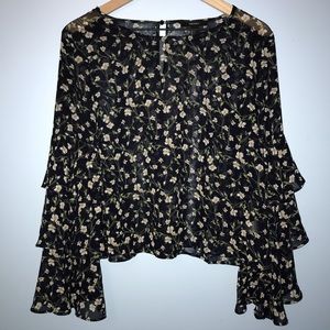 Forever 21 Floral Ruffle Bell Sleeve Blouse Black